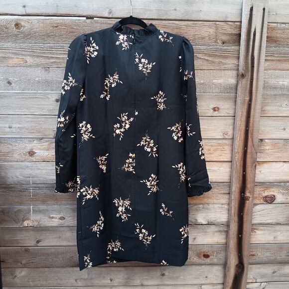 J.Crew Printed Ruffleneck Mini Shift Dress Size 0 Gold Floral Long Sleeve - Picture 4 of 7